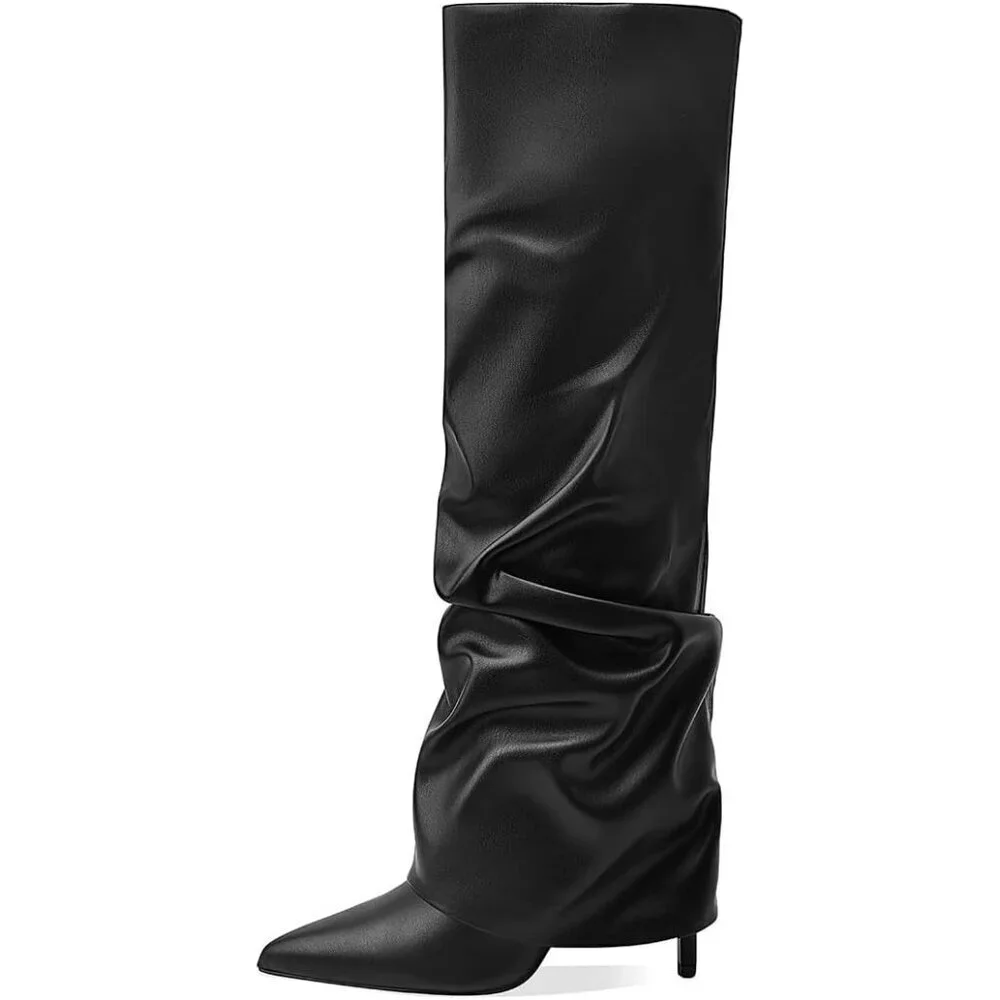 Women's Black-Suede Knee High Fold Over Wide Calf Pointed Toe Long Heel Boot